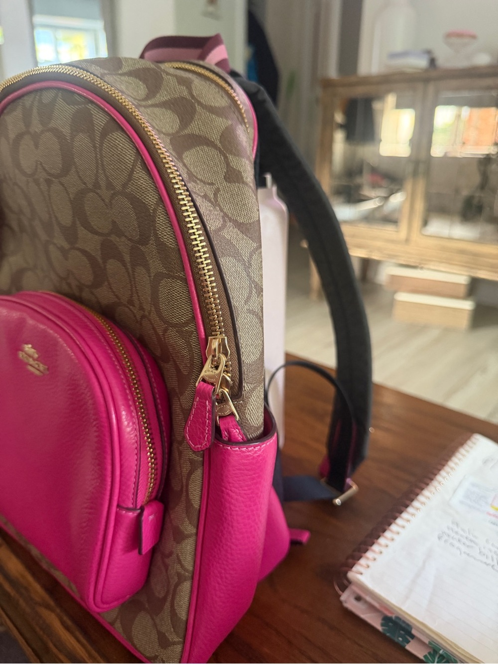 Coach Brown Signature Canvas Backpack with Hot Pink Leather Trim - Picture 2 of 5